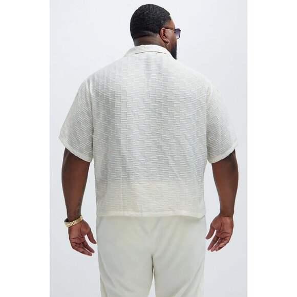 Alabastar Jacquard Button Up Short Sleeve Shirt Cream Men's - Picture 7 of 7
